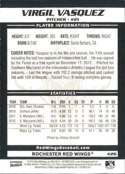 2013 Choice Rochester Red Wings #26 Virgil Vasquez Back