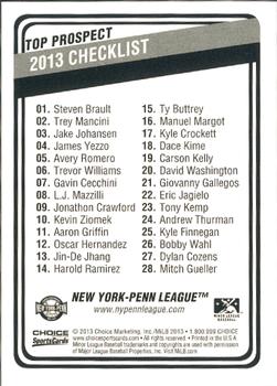 2013 Choice New York-Penn League Top Propsects #NNO Header Card Back