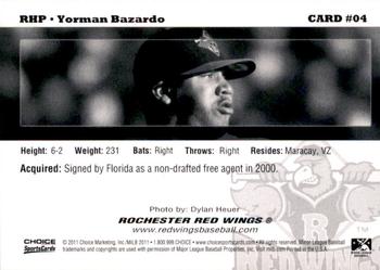 2011 Choice Rochester Red Wings #04 Yorman Bazardo Back