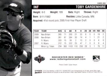 2010 Choice Rochester Red Wings #04 Toby Gardenhire Back