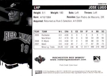 2010 Choice Rochester Red Wings #10 Jose Lugo Back