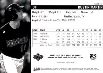 2010 Choice Rochester Red Wings #13 Dustin Martin Back