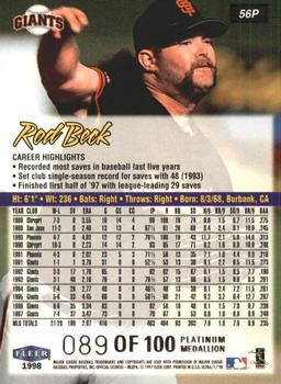 1998 Ultra - Platinum Medallion #56P Rod Beck Back