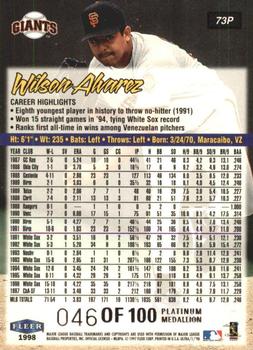 1998 Ultra - Platinum Medallion #73P Wilson Alvarez Back