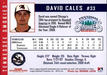 2010 Grandstand Tennessee Smokies #NNO David Cales Back
