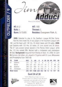 2010 MultiAd Iowa Cubs #24 Jim Adduci Back