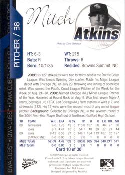2010 MultiAd Iowa Cubs #10 Mitch Atkins Back
