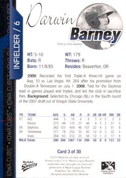 2010 MultiAd Iowa Cubs #3 Darwin Barney Back