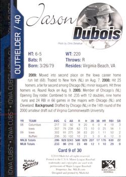 2010 MultiAd Iowa Cubs #9 Jason Dubois Back