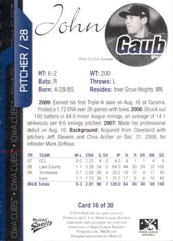 2010 MultiAd Iowa Cubs #16 John Gaub Back