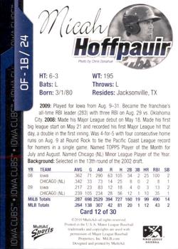 2010 MultiAd Iowa Cubs #12 Micah Hoffpauir Back