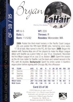 2010 MultiAd Iowa Cubs #23 Bryan LaHair Back