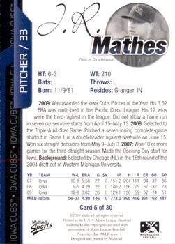 2010 MultiAd Iowa Cubs #5 J.R. Mathes Back