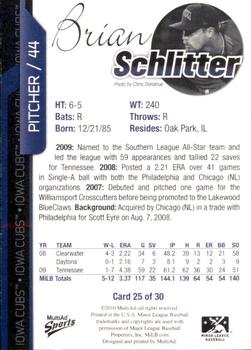 2010 MultiAd Iowa Cubs #25 Brian Schlitter Back