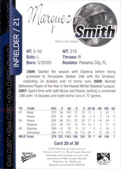 2010 MultiAd Iowa Cubs #28 Marquez Smith Back