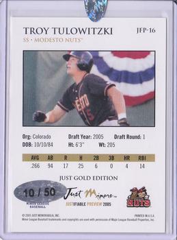 2005 Justifiable - 06 Preview Autographs Gold #16 Troy Tulowitzki Back
