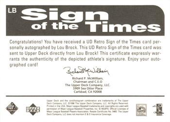 1998 Upper Deck Retro - Sign of the Times #LB Lou Brock Back