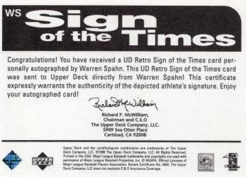 1998 Upper Deck Retro - Sign of the Times #WS Warren Spahn Back