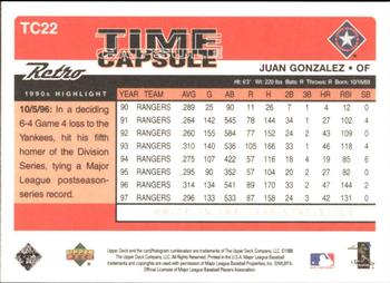 1998 Upper Deck Retro - Time Capsule #TC22 Juan Gonzalez Back