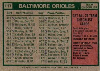 1975 Topps - Team Checklists Gray Back #117 Baltimore Orioles / Earl Weaver Back