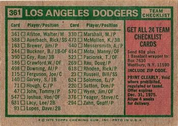 1975 Topps - Team Checklists Gray Back #361 Los Angeles Dodgers / Walter Alston Back