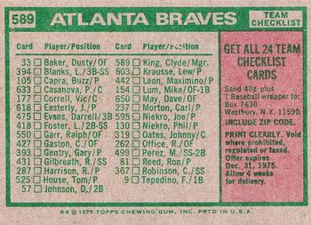 1975 Topps - Team Checklists Gray Back #589 Atlanta Braves / Clyde King Back
