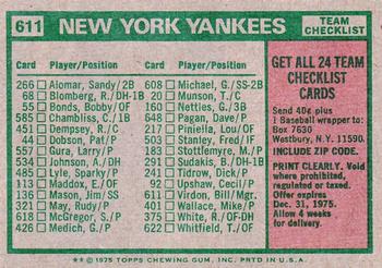 1975 Topps - Team Checklists Gray Back #611 New York Yankees / Bill Virdon Back