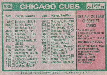 1975 Topps - Team Checklists Gray Back #638 Chicago Cubs / Jim Marshall Back