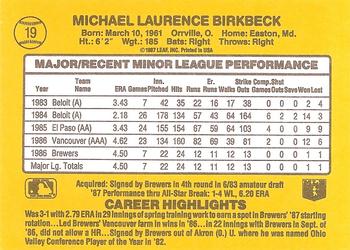 1987 Donruss The Rookies #19 Mike Birkbeck Back