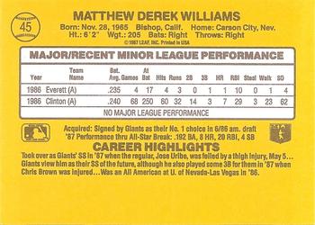 1987 Donruss The Rookies #45 Matt Williams Back