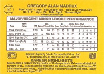 1987 Donruss The Rookies #52 Greg Maddux Back