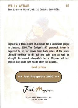 2002 Just Prospects - Gold #1 Willy Aybar Back
