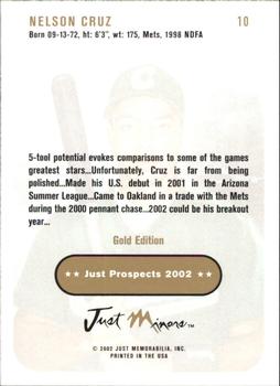 2002 Just Prospects - Gold #10 Nelson Cruz Back