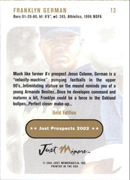 2002 Just Prospects - Gold #13 Franklyn German Back
