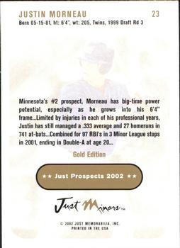 2002 Just Prospects - Gold #23 Justin Morneau Back