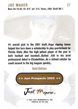 2002 Just Prospects - Gold #21 Joe Mauer Back