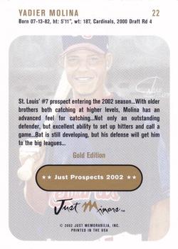 2002 Just Prospects - Gold #22 Yadier Molina Back