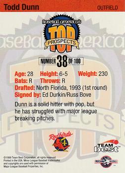 1999 Team Best Baseball America - Diamond Best Silver #38 Todd Dunn  Back