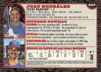 1999 Bowman - International #285 Juan Gonzalez Back