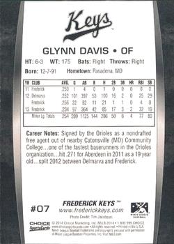 2014 Choice Frederick Keys #07 Glynn Davis Back