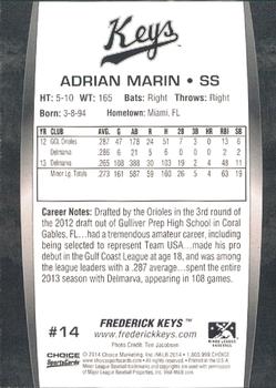 2014 Choice Frederick Keys #14 Adrian Marin Back