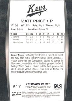 2014 Choice Frederick Keys #17 Matt Price Back