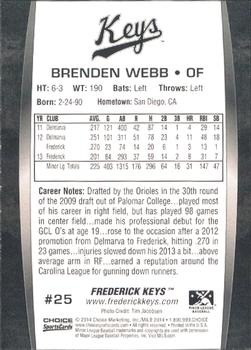 2014 Choice Frederick Keys #25 Brenden Webb Back