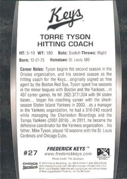 2014 Choice Frederick Keys #27 Torre Tyson Back