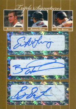 2007 Just Autographs - Triple Signatures Gold Edition #TS07.014 Evan Longoria / Brandon Wood / Billy Butler Front