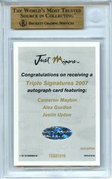 2007 Just Autographs - Triple Signatures Gold Edition #TS07.016 Cameron Maybin / Alex Gordon / Justin Upton Back