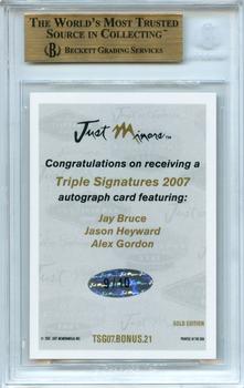 2007 Just Autographs - Triple Signatures Gold Edition #TSG07.Bonus.21 Jay Bruce / Jason Heyward / Alex Gordon Back