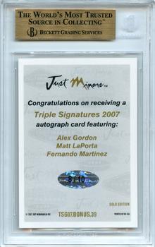 2007 Just Autographs - Triple Signatures Gold Edition #TSG07.Bonus.39 Alex Gordon / Matt LaPorta / Fernando Martinez Back