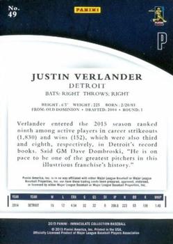 2015 Panini Immaculate Collection #49 Justin Verlander Back