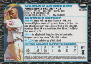 1999 Bowman Chrome - Refractors #206 Marlon Anderson  Back